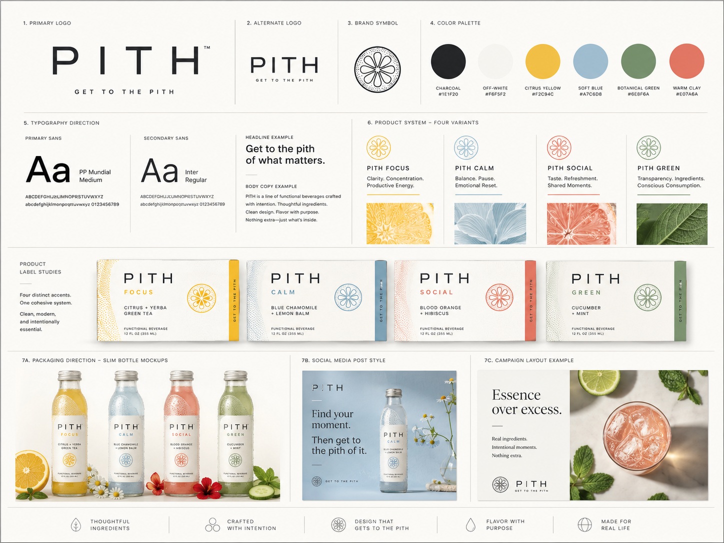 PITH brand system board with logos, colors, packaging, social media, and campaign examples