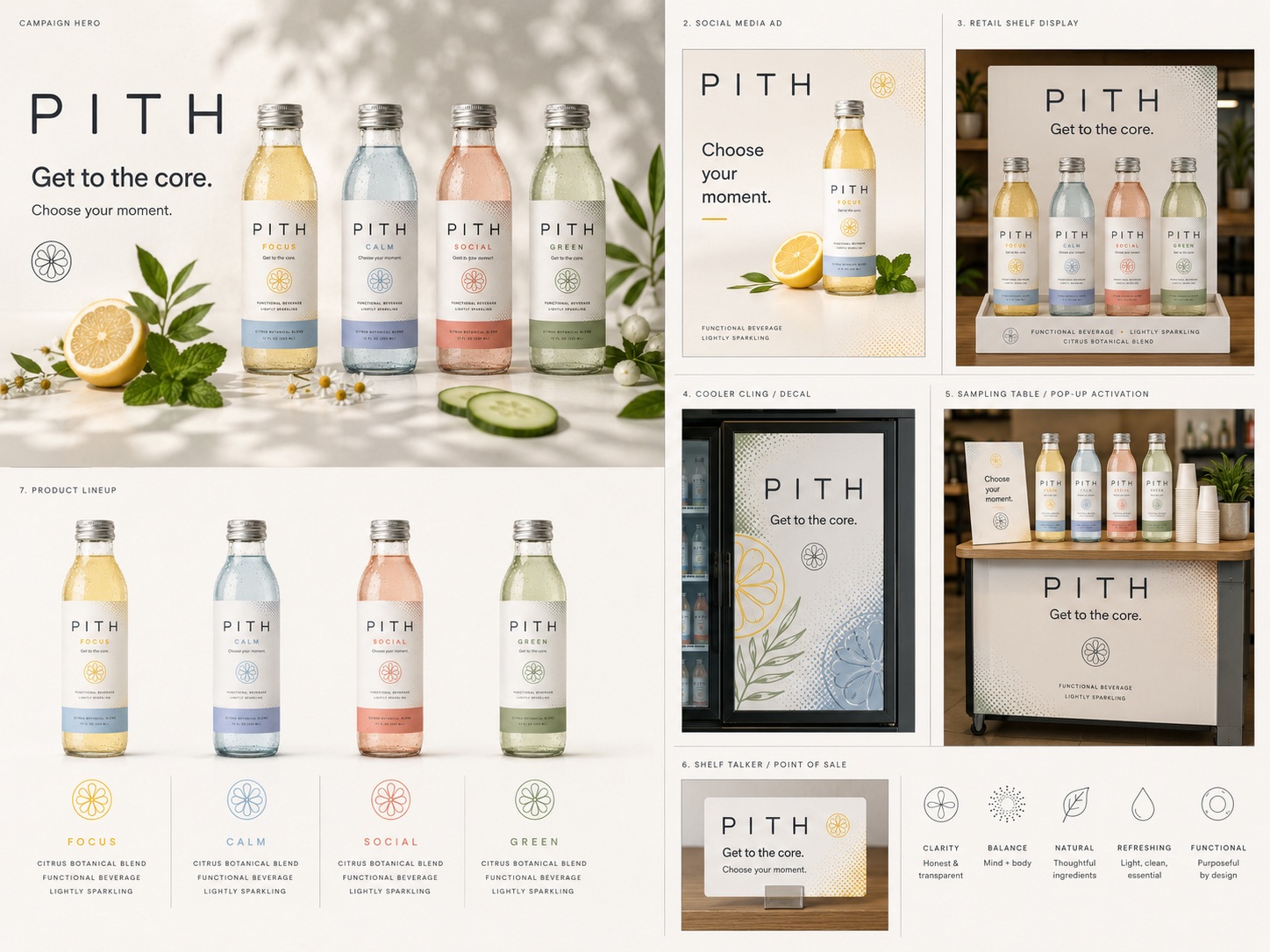 PITH campaign system with product lineup, social media, retail display, cooler graphic, and sampling table