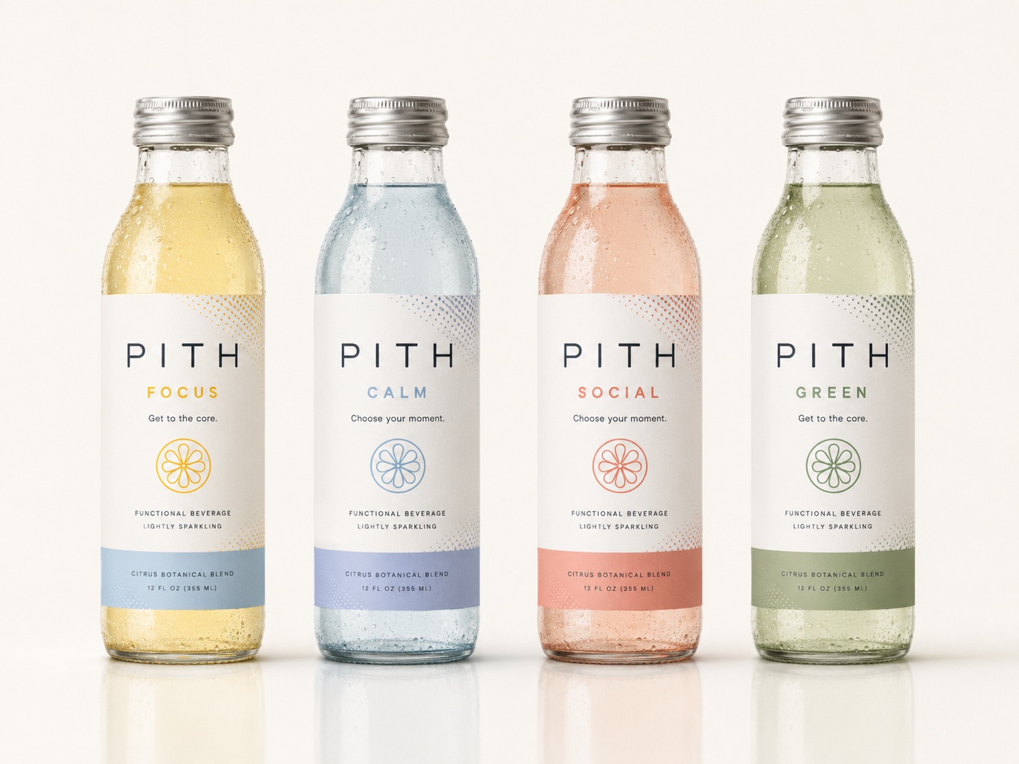 Four PITH functional beverage bottles: Focus, Calm, Social, and Green